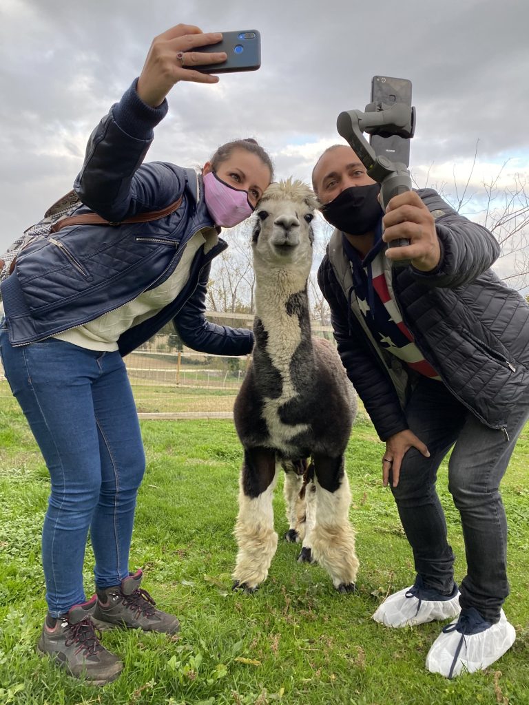 passeggiata Alpaca Marche Giardino dell'Alpaca selfie time con Merlino