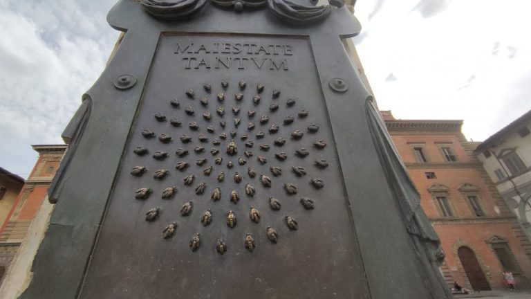Placca in bronzo con le api concentriche sul monumento equestre in piazza della Santissima Annunziata a Firenze