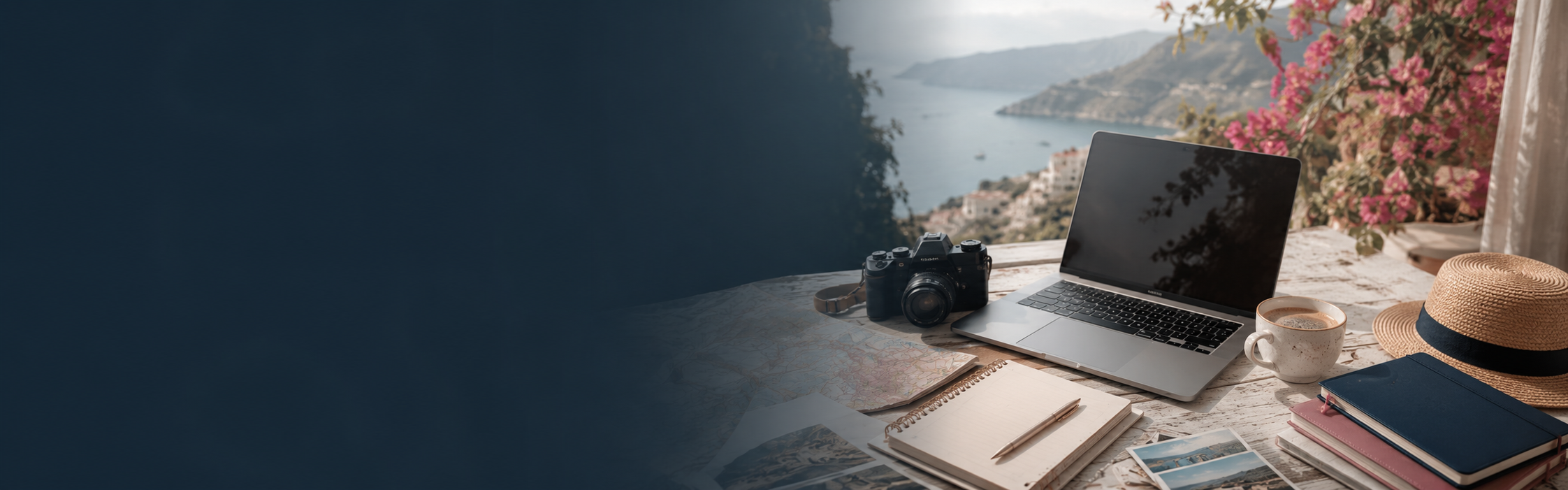 Postazione di lavoro con computer, fotocamera e materiali di viaggio affacciata sul mare